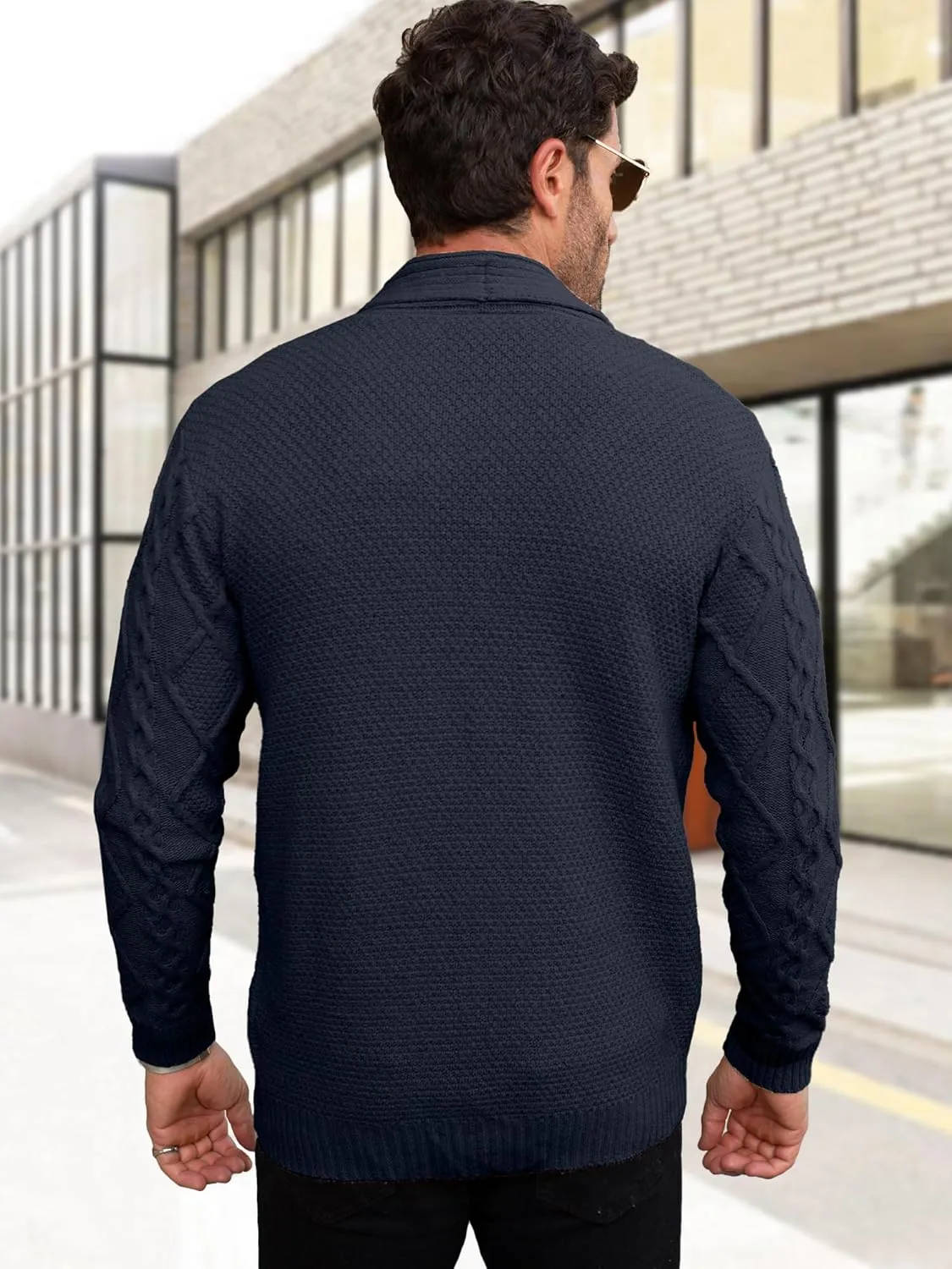 Comdecevis Mens Shawl Collar Cardigan Sweater Cable Knit Button Down Long Sleeve Casual Knitwear with Pockets