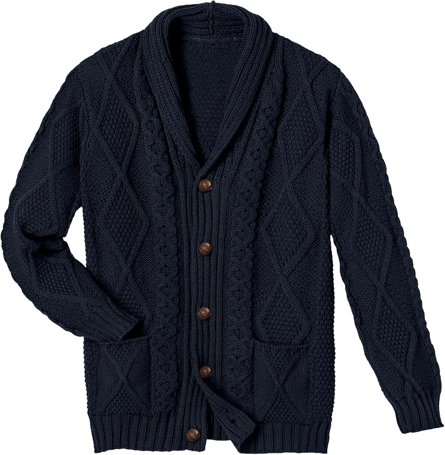 Comdecevis Mens Shawl Collar Cardigan Sweater Cable Knit Button Down Long Sleeve Casual Knitwear with Pockets