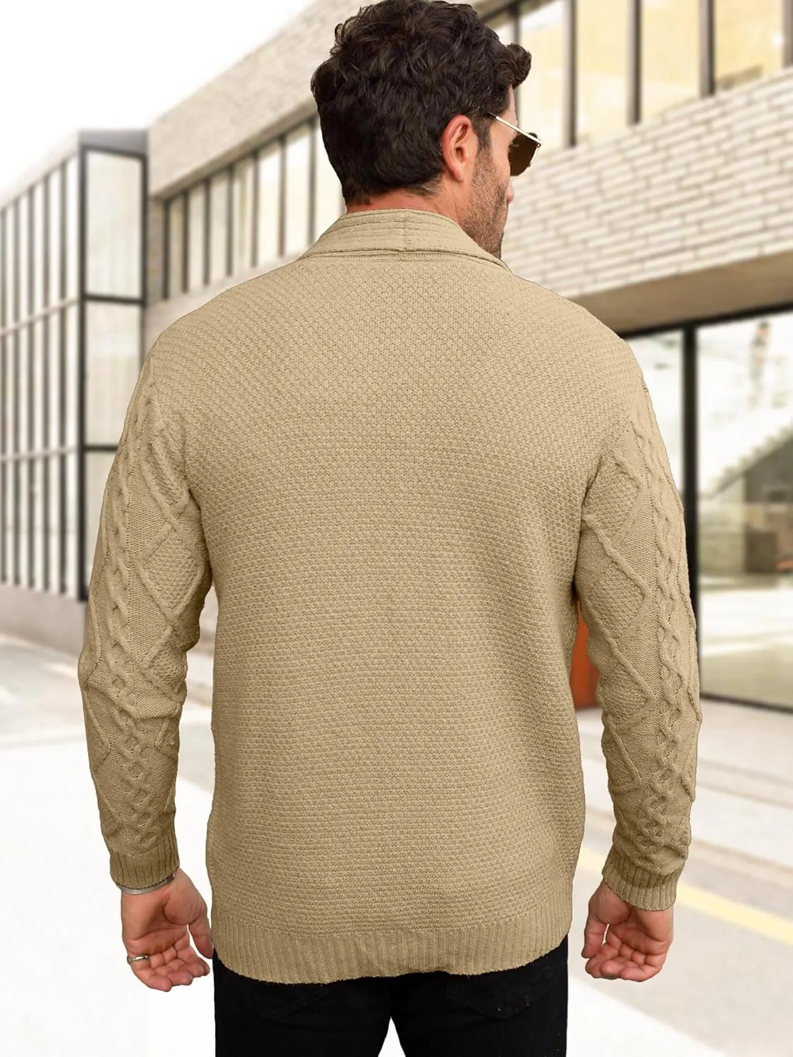 Comdecevis Mens Shawl Collar Cardigan Sweater Cable Knit Button Down Long Sleeve Casual Knitwear with Pockets