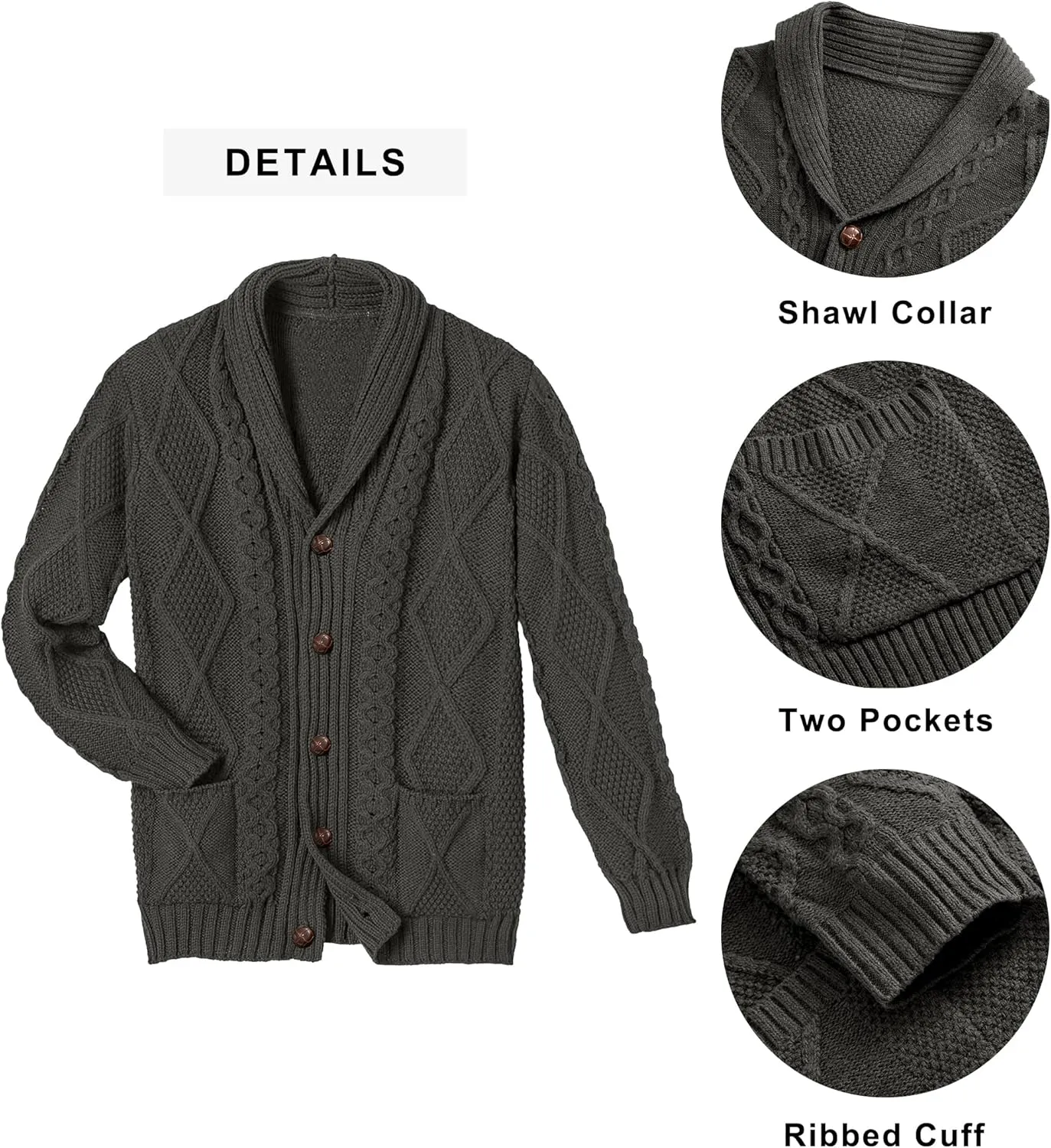Comdecevis Mens Shawl Collar Cardigan Sweater Cable Knit Button Down Long Sleeve Casual Knitwear with Pockets