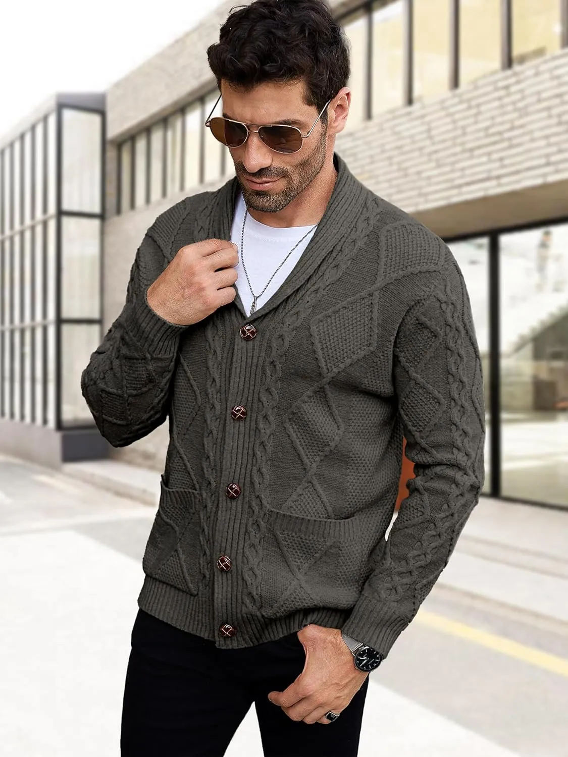 Comdecevis Mens Shawl Collar Cardigan Sweater Cable Knit Button Down Long Sleeve Casual Knitwear with Pockets