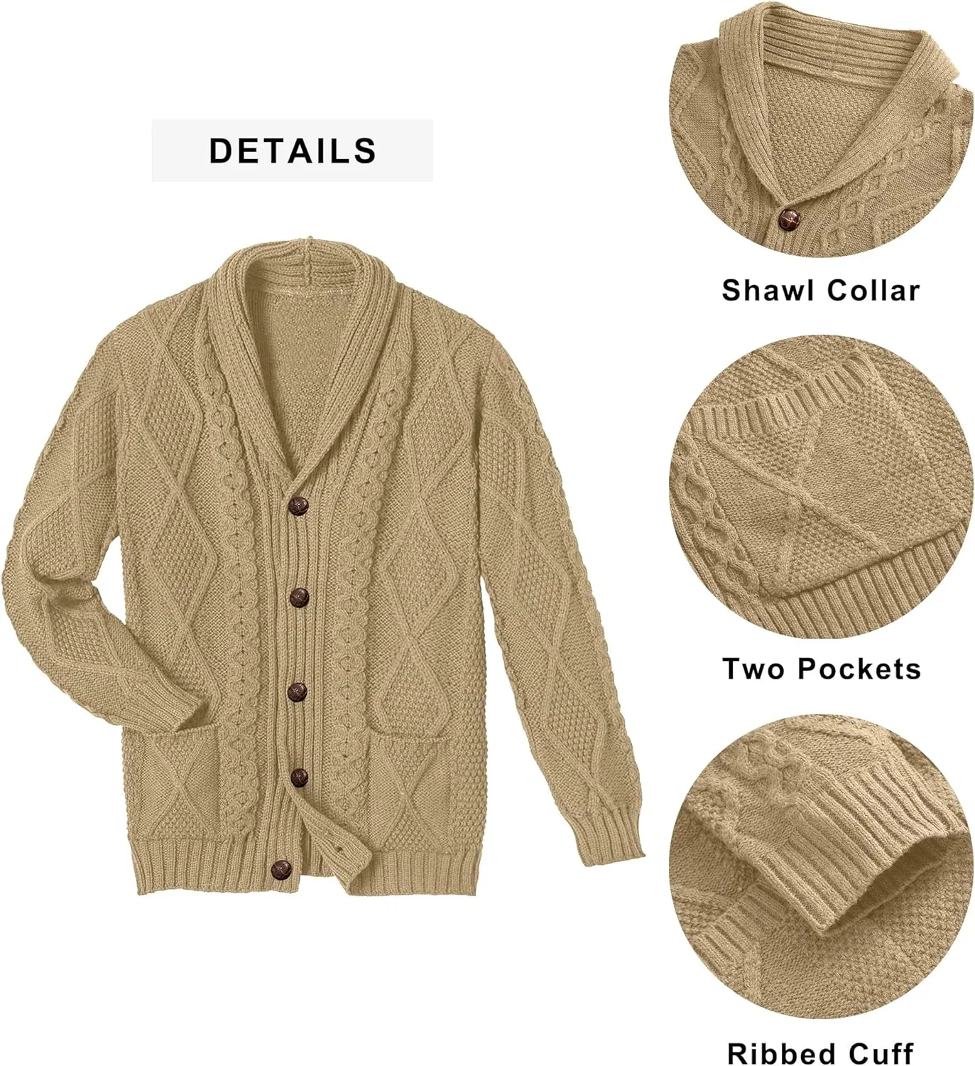 Comdecevis Mens Shawl Collar Cardigan Sweater Cable Knit Button Down Long Sleeve Casual Knitwear with Pockets