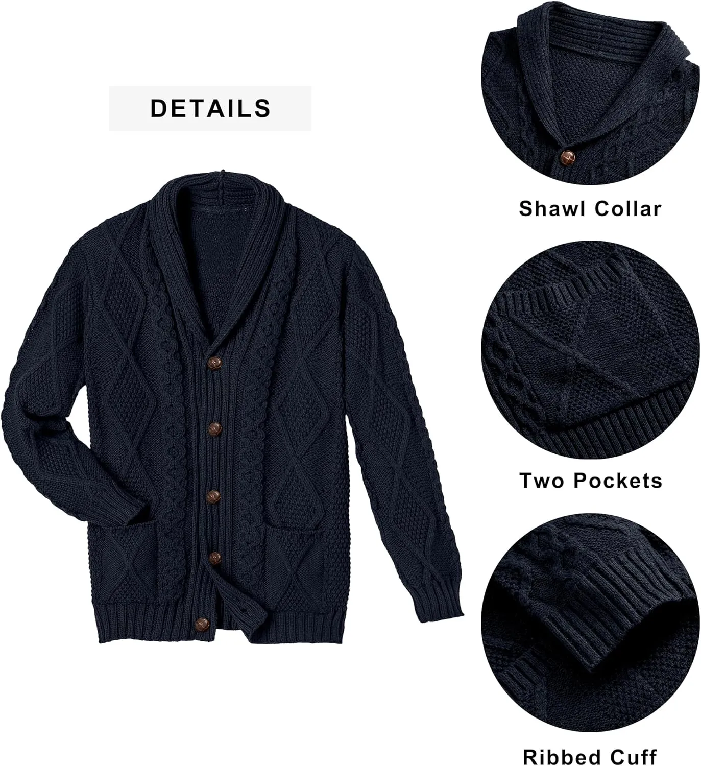 Comdecevis Mens Shawl Collar Cardigan Sweater Cable Knit Button Down Long Sleeve Casual Knitwear with Pockets