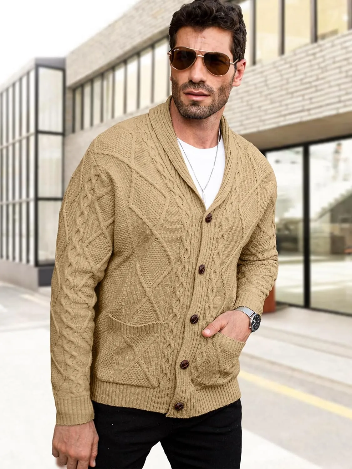 Comdecevis Mens Shawl Collar Cardigan Sweater Cable Knit Button Down Long Sleeve Casual Knitwear with Pockets