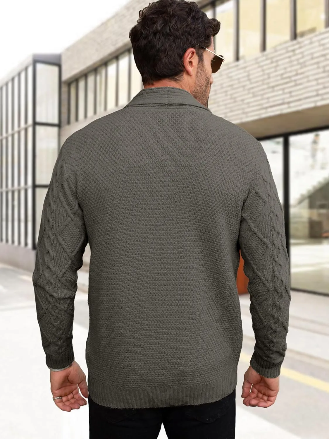 Comdecevis Mens Shawl Collar Cardigan Sweater Cable Knit Button Down Long Sleeve Casual Knitwear with Pockets