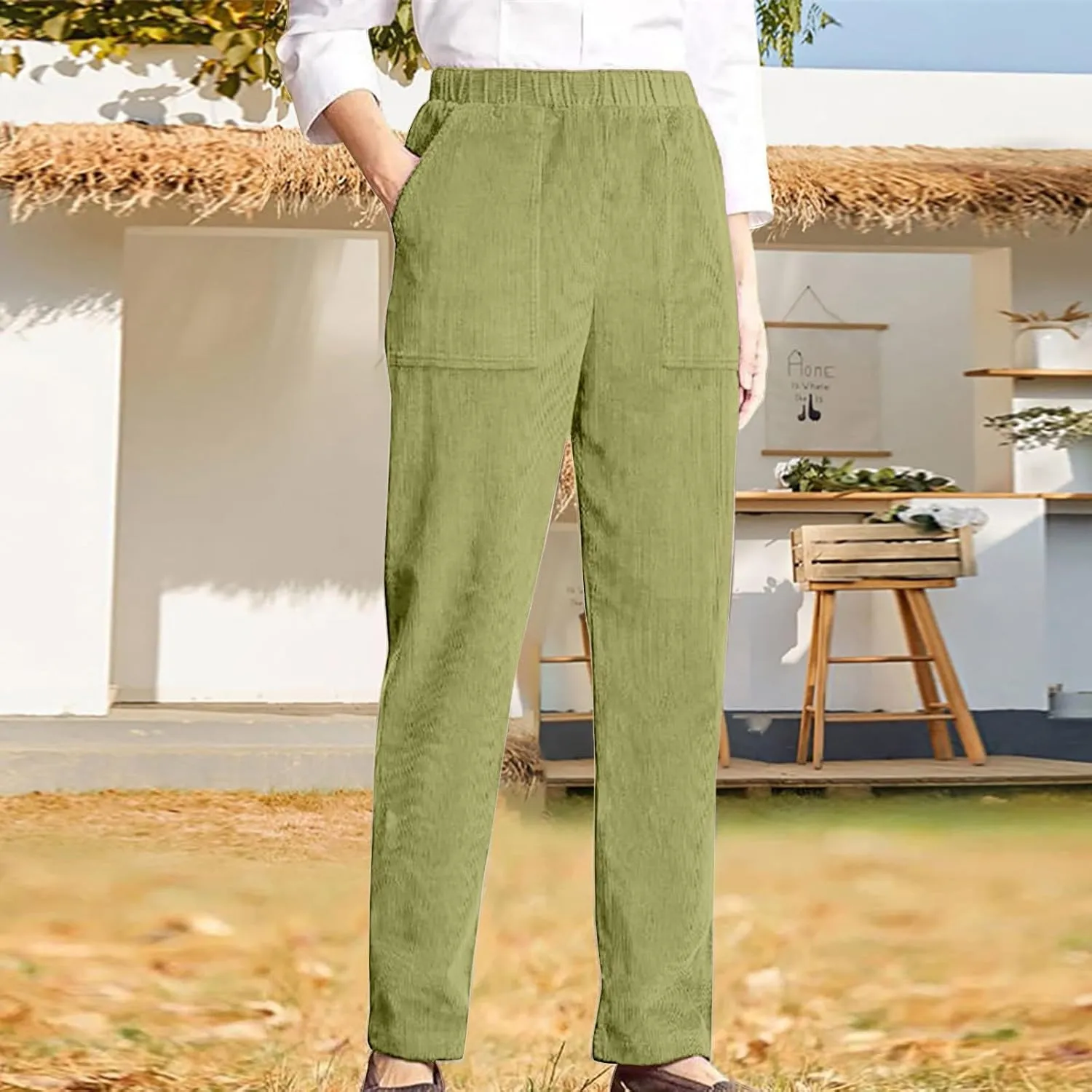 Corduroy Pants Women Fall Elastic High Waist Straight Wide Leg Pants Fall Winter Lounge Trousers with Pockets