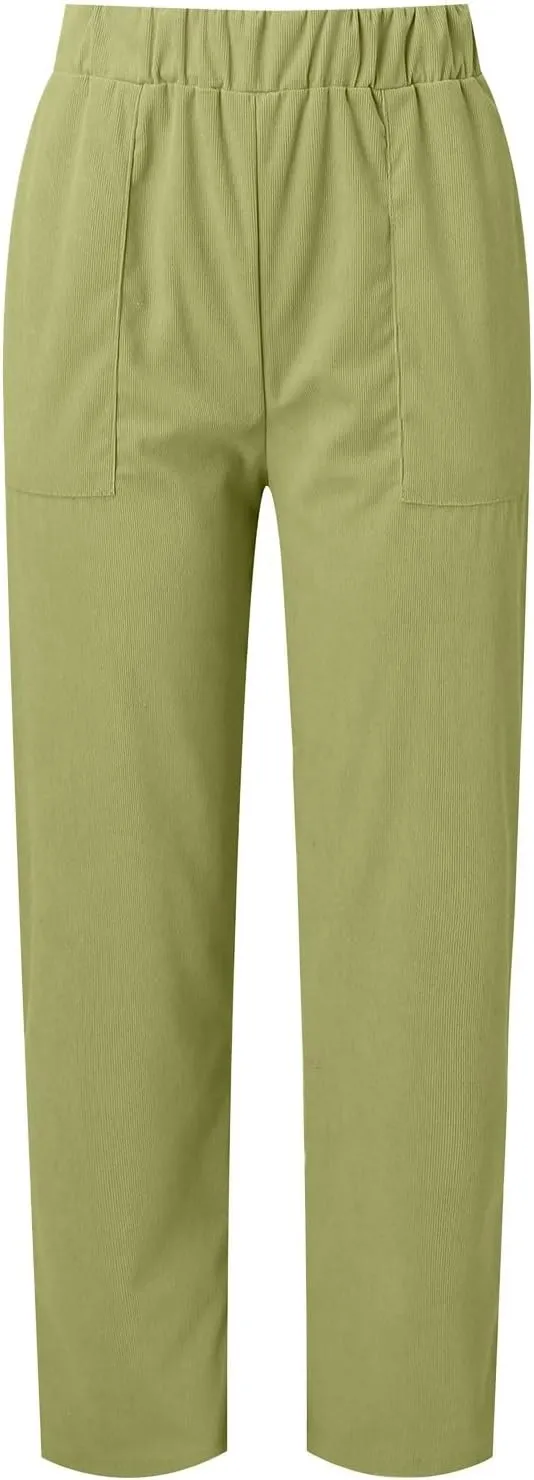 Corduroy Pants Women Fall Elastic High Waist Straight Wide Leg Pants Fall Winter Lounge Trousers with Pockets