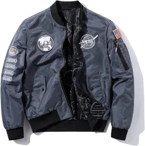 CORIRESHA Reversible NASA Bomber Jacket with Embroidery Badges
