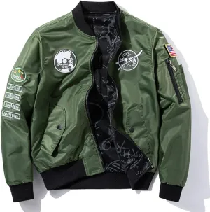 CORIRESHA Reversible NASA Bomber Jacket with Embroidery Badges