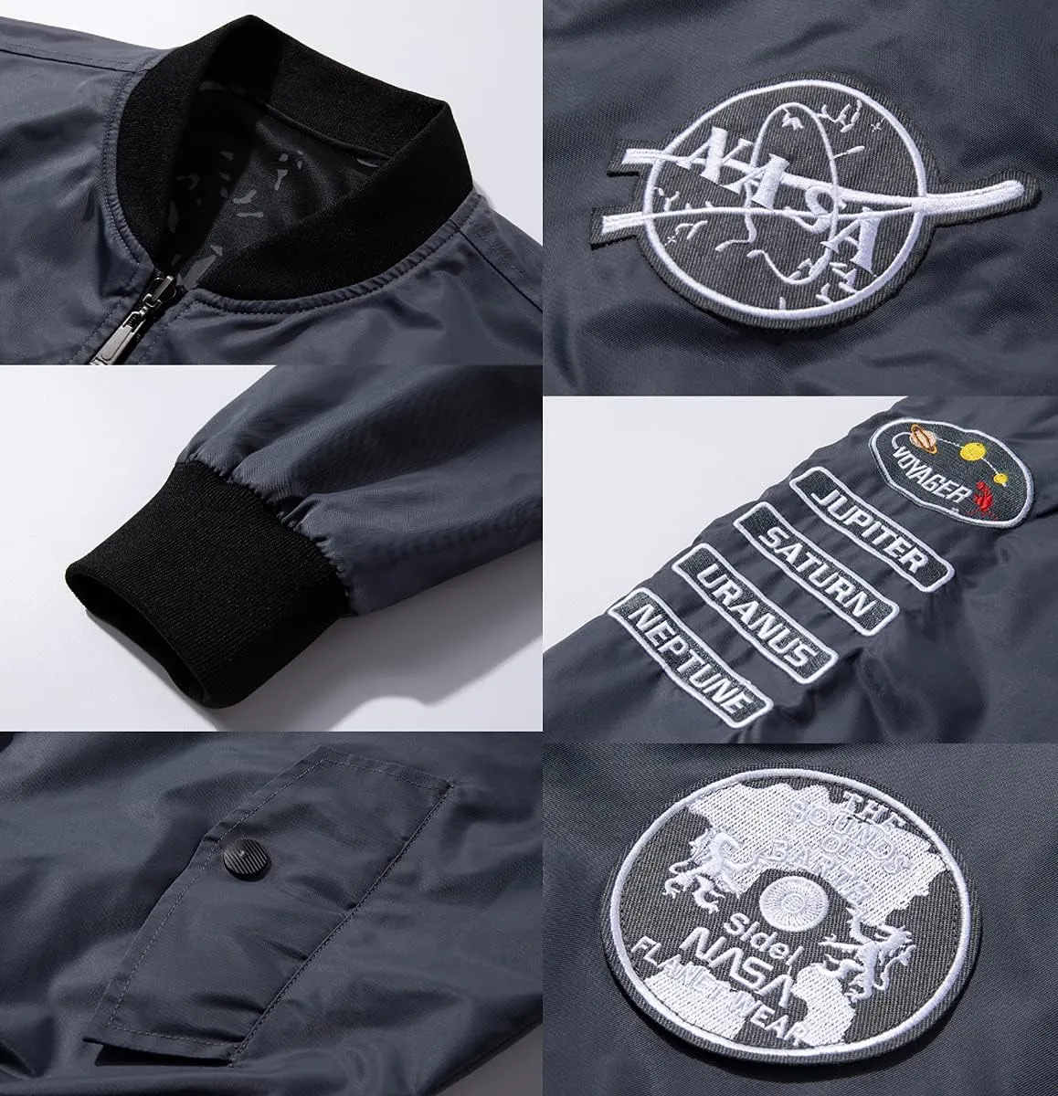 CORIRESHA Reversible NASA Bomber Jacket with Embroidery Badges