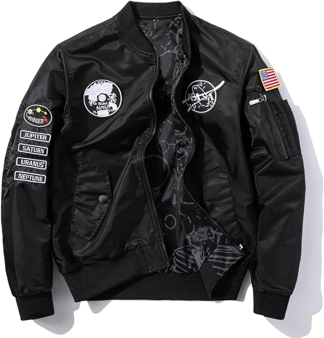 CORIRESHA Reversible NASA Bomber Jacket with Embroidery Badges