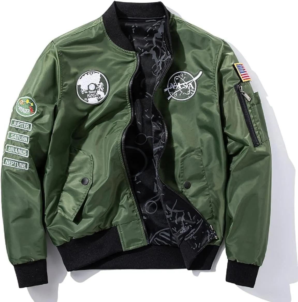 CORIRESHA Reversible NASA Bomber Jacket with Embroidery Badges