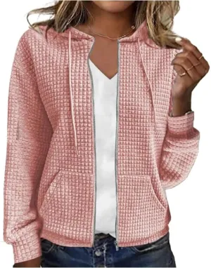 CORIRESHA Women's Waffle Knit Hoodies Sweatshirt Long Sleeve Drawstring Pockets Casual Zipper Jacket