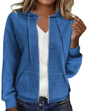 CORIRESHA Women's Waffle Knit Hoodies Sweatshirt Long Sleeve Drawstring Pockets Casual Zipper Jacket