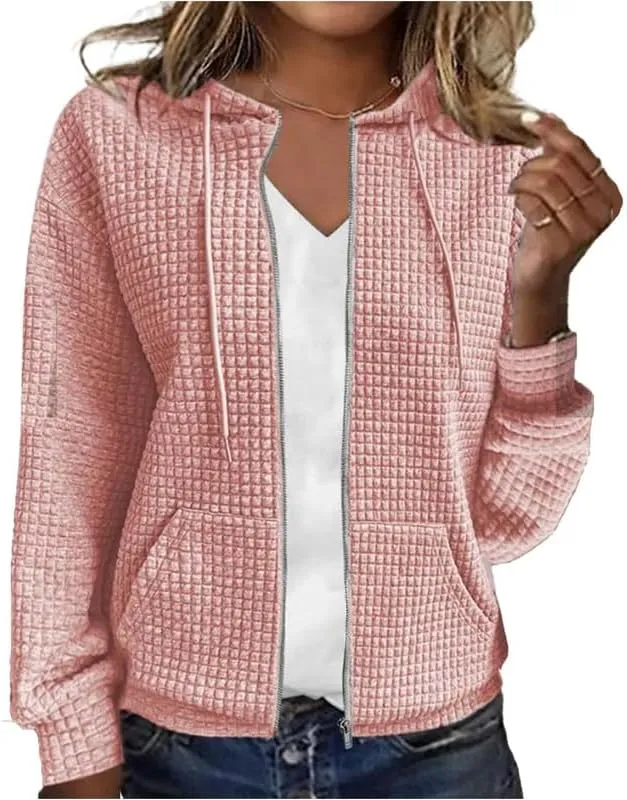 CORIRESHA Women's Waffle Knit Hoodies Sweatshirt Long Sleeve Drawstring Pockets Casual Zipper Jacket