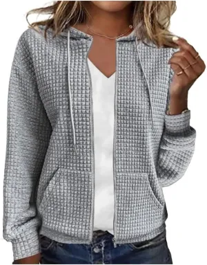 CORIRESHA Women's Waffle Knit Hoodies Sweatshirt Long Sleeve Drawstring Pockets Casual Zipper Jacket