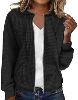 CORIRESHA Women's Waffle Knit Hoodies Sweatshirt Long Sleeve Drawstring Pockets Casual Zipper Jacket