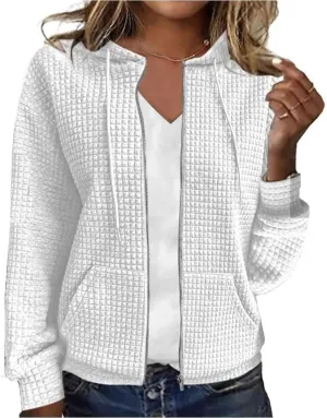CORIRESHA Women's Waffle Knit Hoodies Sweatshirt Long Sleeve Drawstring Pockets Casual Zipper Jacket