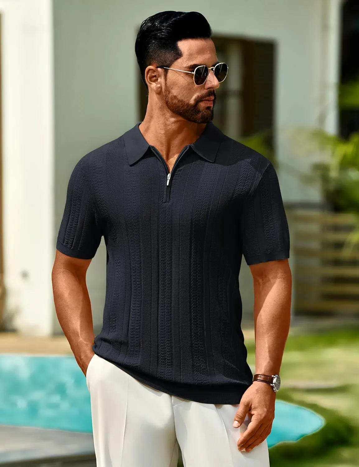 Cotrasen Men's Knit Polo Shirts Short Sleeve Ribbed Textured Polo Lightweight Stretch Slim Fit Golf T Shirt