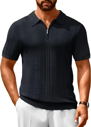 Cotrasen Men's Knit Polo Shirts Short Sleeve Ribbed Textured Polo Lightweight Stretch Slim Fit Golf T Shirt