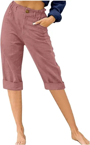 Cotton Linen Capri Pants for Women Casual 2024 Summer Straight Leg Pant Loose Cropped Trousers with Pockets