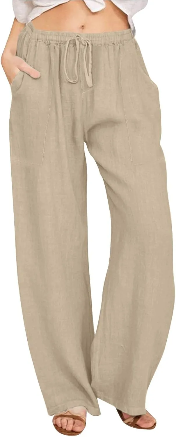 Cotton Linen Capri Pants for Women Flowy Wide Leg Summer High Waisted, Black Cargo Pants Women Golf Trousers