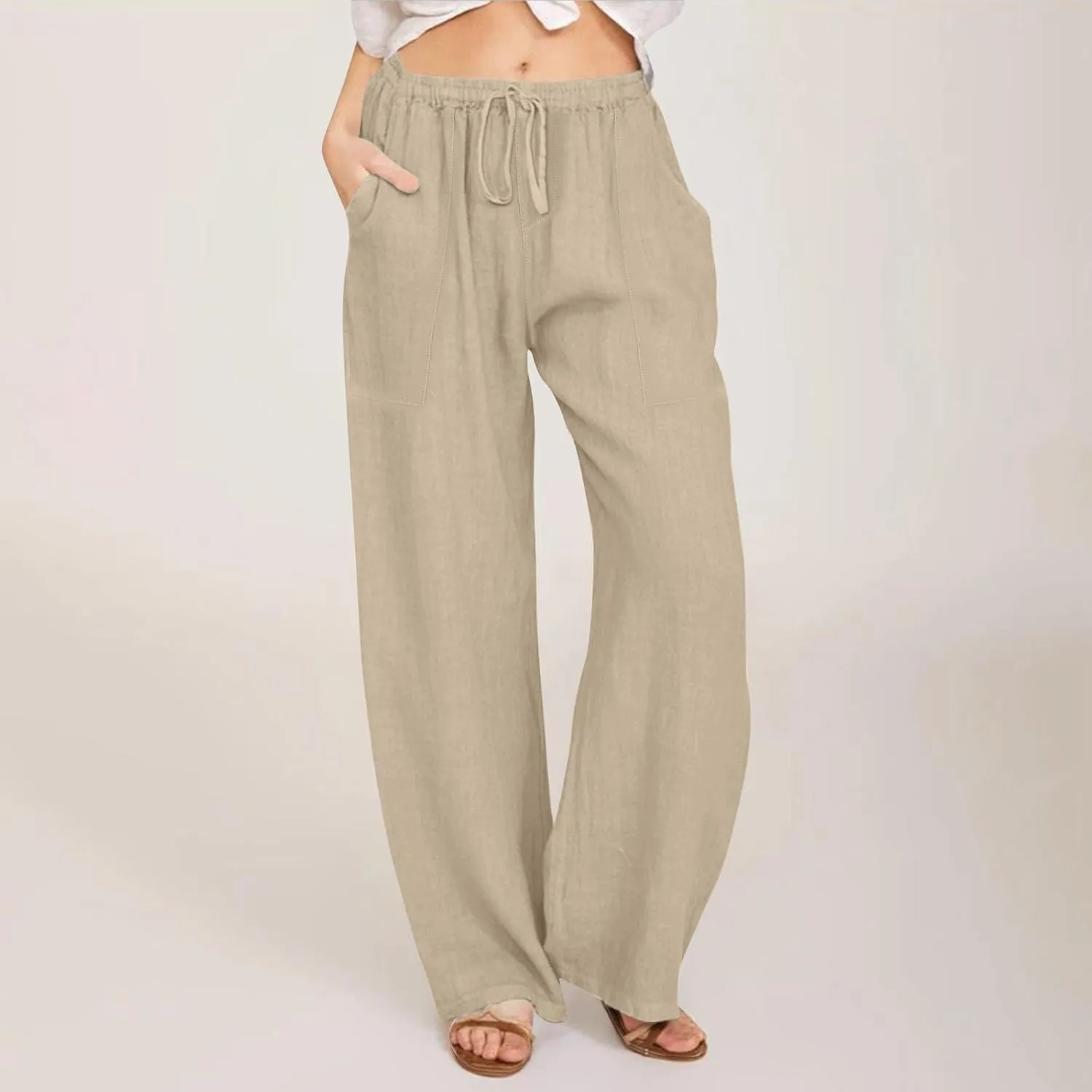 Cotton Linen Capri Pants for Women Flowy Wide Leg Summer High Waisted, Black Cargo Pants Women Golf Trousers