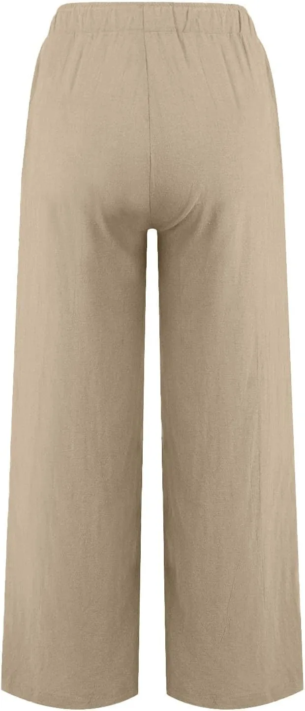 Cotton Linen Capri Pants for Women Flowy Wide Leg Summer High Waisted, Black Cargo Pants Women Golf Trousers