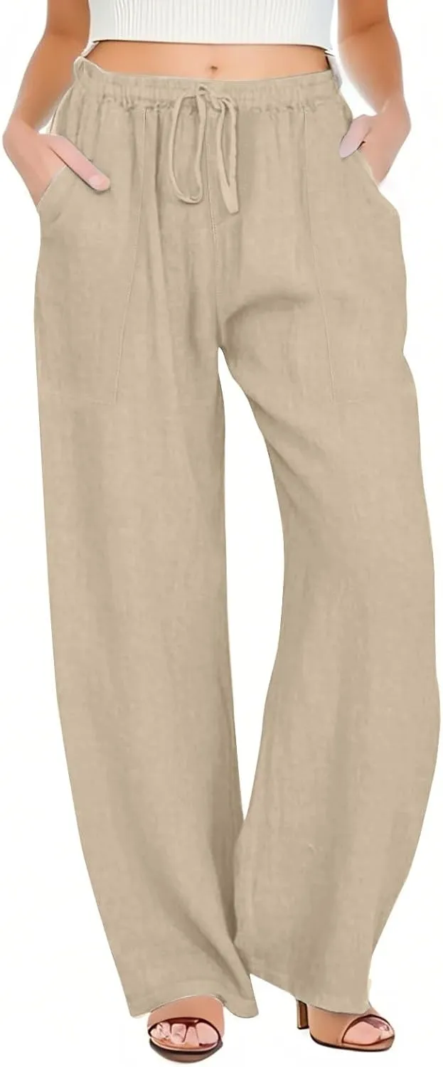 Cotton Linen Capri Pants for Women Flowy Wide Leg Summer High Waisted, Black Cargo Pants Women Golf Trousers