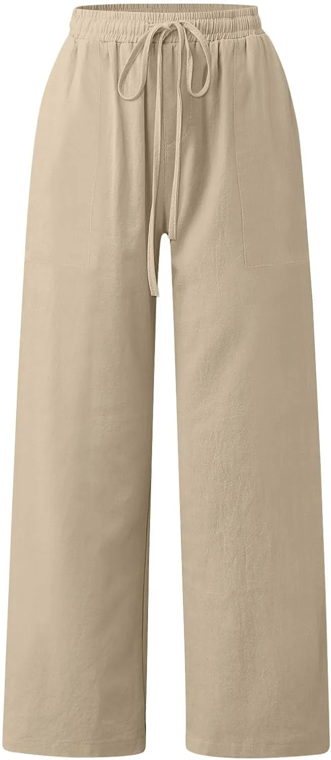 Cotton Linen Capri Pants for Women Flowy Wide Leg Summer High Waisted, Black Cargo Pants Women Golf Trousers