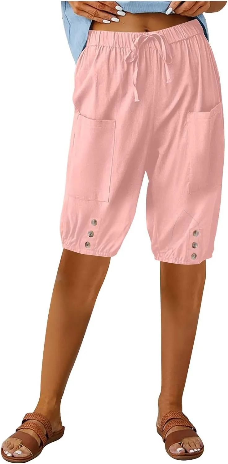Cotton Linen Capri Pants for Women High Elastic Waisted Drawstring Cropped Pants with Pockets Beach Vacation Clothes