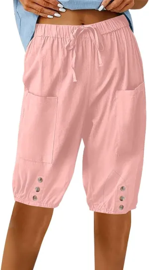 Cotton Linen Capri Pants for Women High Elastic Waisted Drawstring Cropped Pants with Pockets Beach Vacation Clothes
