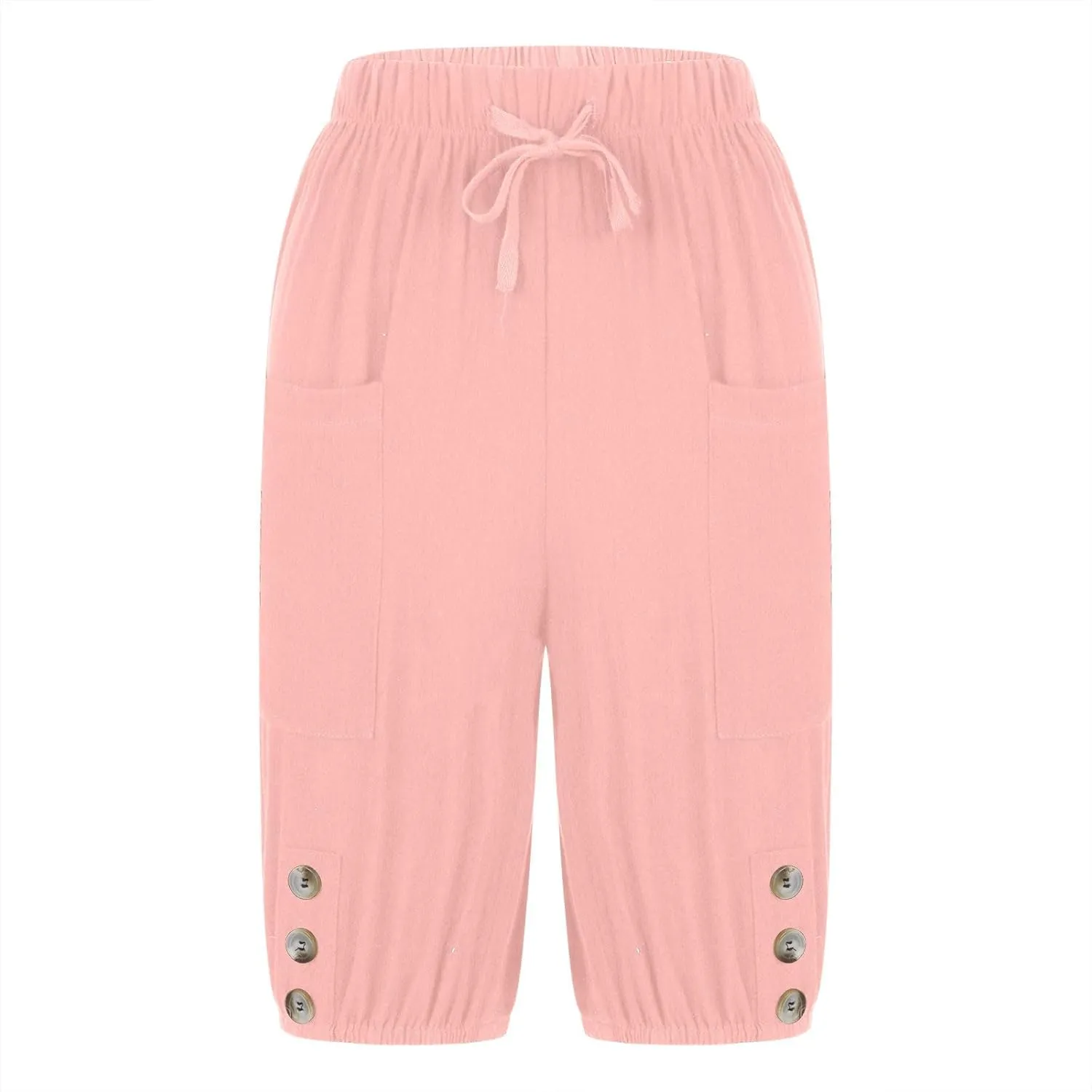 Cotton Linen Capri Pants for Women High Elastic Waisted Drawstring Cropped Pants with Pockets Beach Vacation Clothes