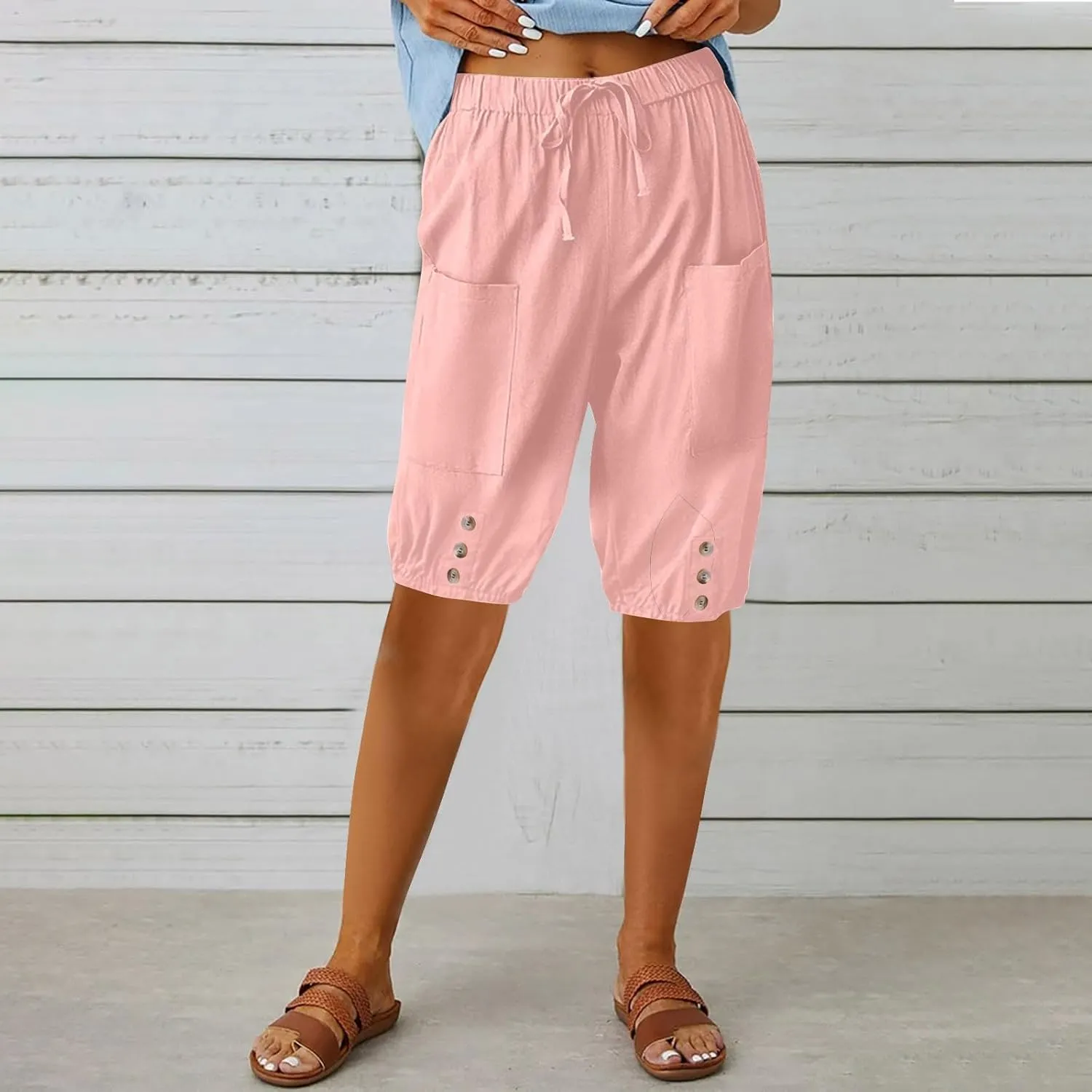 Cotton Linen Capri Pants for Women High Elastic Waisted Drawstring Cropped Pants with Pockets Beach Vacation Clothes