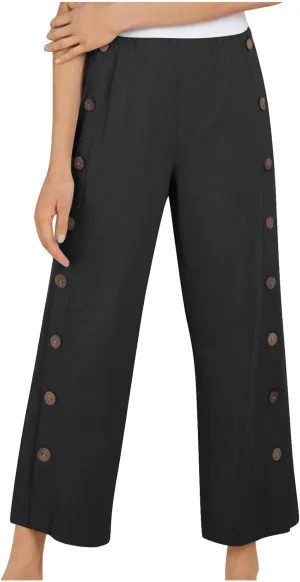 Cotton Linen Pants for Women 2025 High Waisted Wide Leg Trousers Trendy Side Button Elastic Waist Summer Gauze Pants