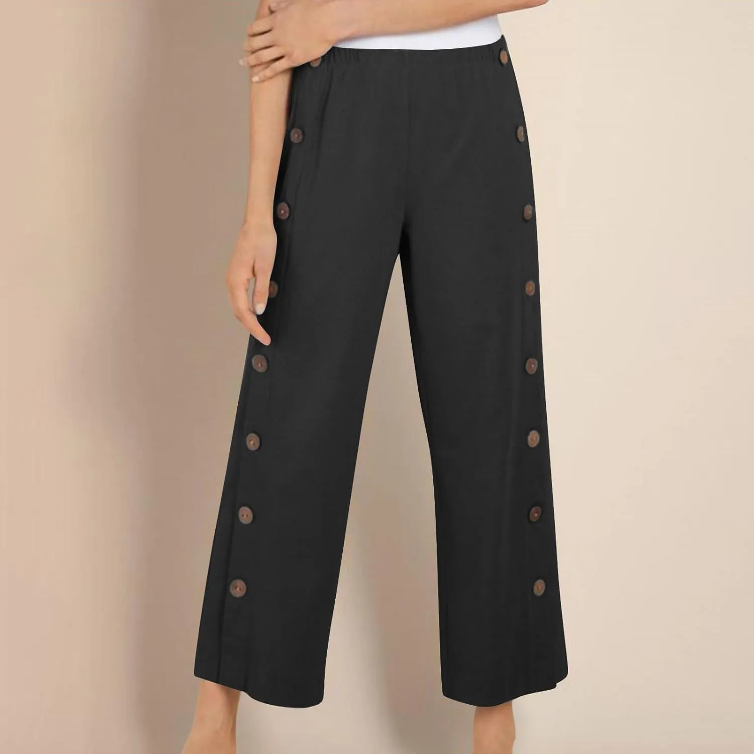 Cotton Linen Pants for Women 2025 High Waisted Wide Leg Trousers Trendy Side Button Elastic Waist Summer Gauze Pants