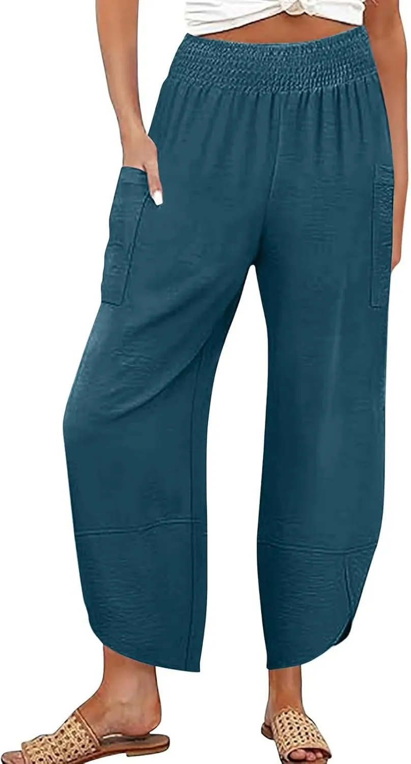 Cotton Linen Pants for Women Casual Summer Elastic Waist Capri Pants Loose Ankle Length Palazzo Trousers with Pockets
