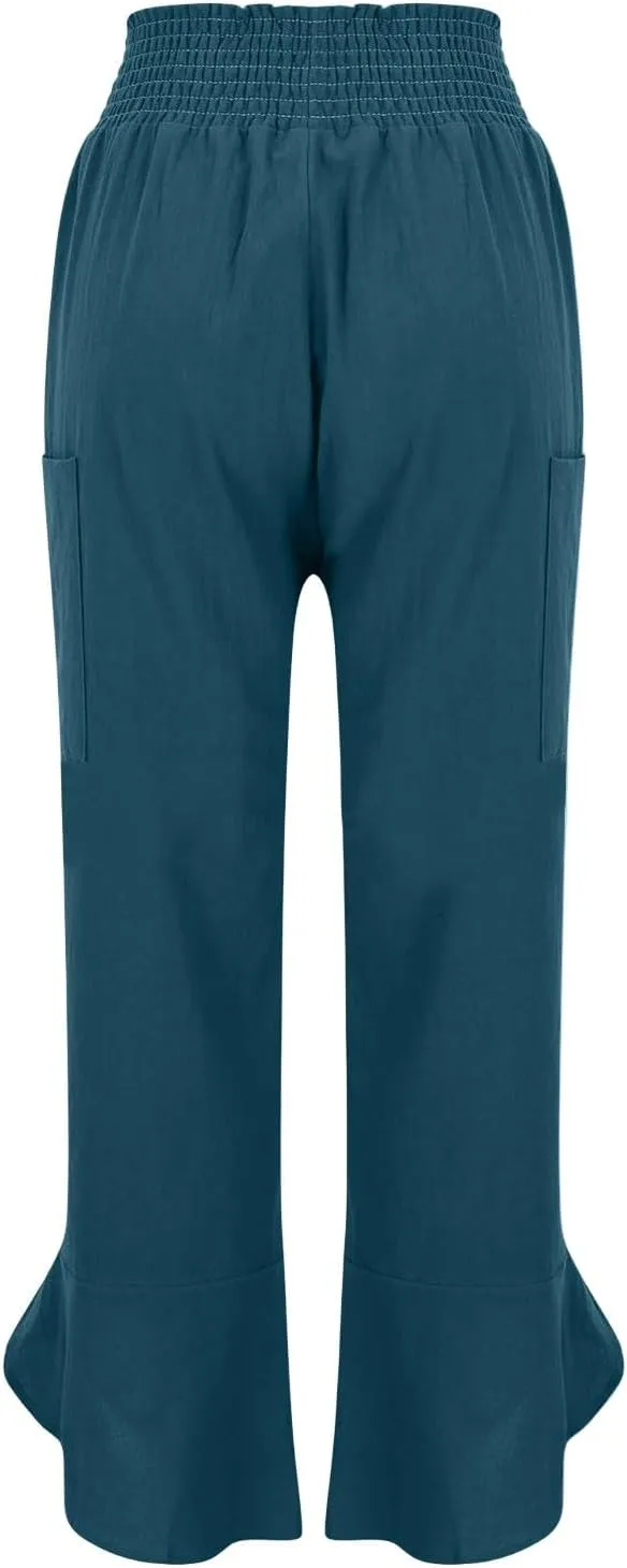 Cotton Linen Pants for Women Casual Summer Elastic Waist Capri Pants Loose Ankle Length Palazzo Trousers with Pockets