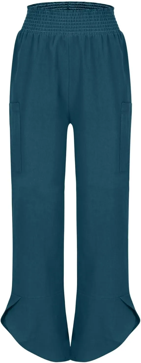 Cotton Linen Pants for Women Casual Summer Elastic Waist Capri Pants Loose Ankle Length Palazzo Trousers with Pockets