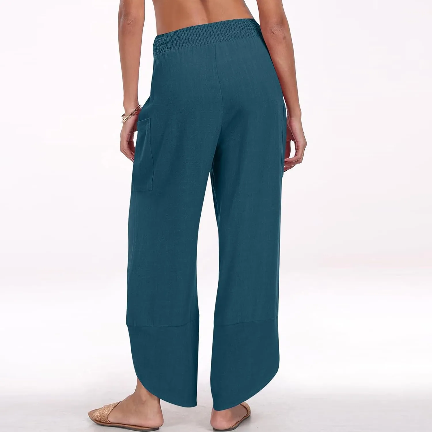 Cotton Linen Pants for Women Casual Summer Elastic Waist Capri Pants Loose Ankle Length Palazzo Trousers with Pockets
