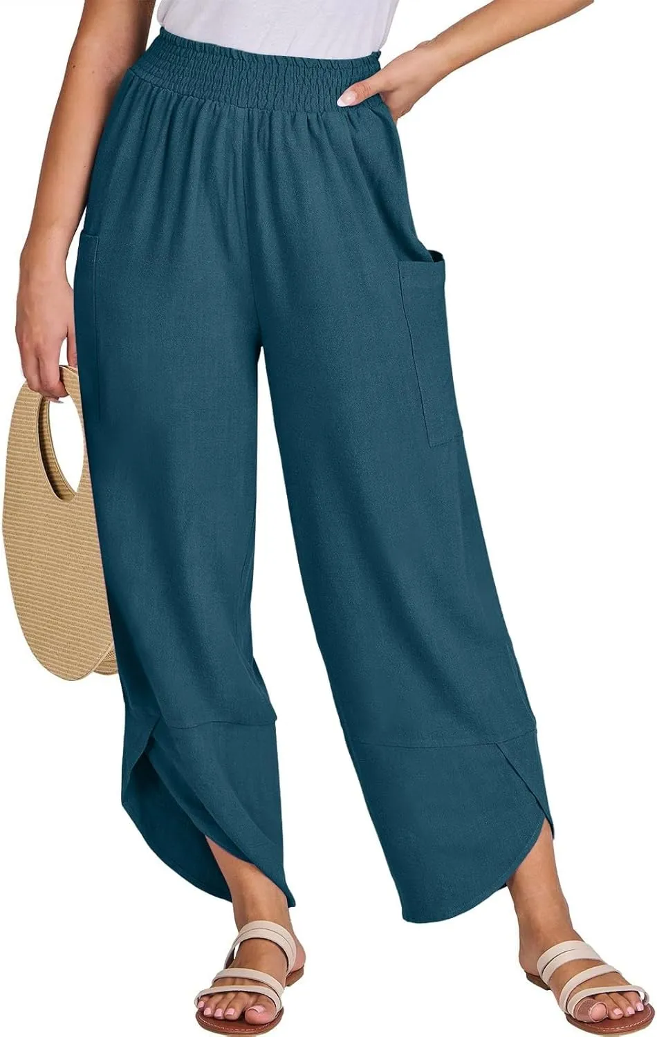 Cotton Linen Pants for Women Casual Summer Elastic Waist Capri Pants Loose Ankle Length Palazzo Trousers with Pockets