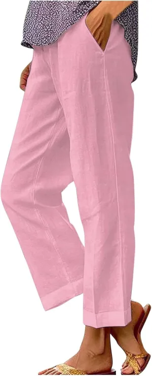 Cotton Linen Pants Women Elastic High Waist Straight Leg Lounge Pant Loose Casual Slacks Summer Trouser with Pockets