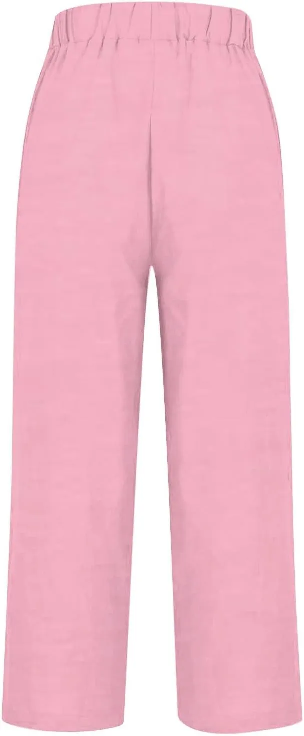 Cotton Linen Pants Women Elastic High Waist Straight Leg Lounge Pant Loose Casual Slacks Summer Trouser with Pockets