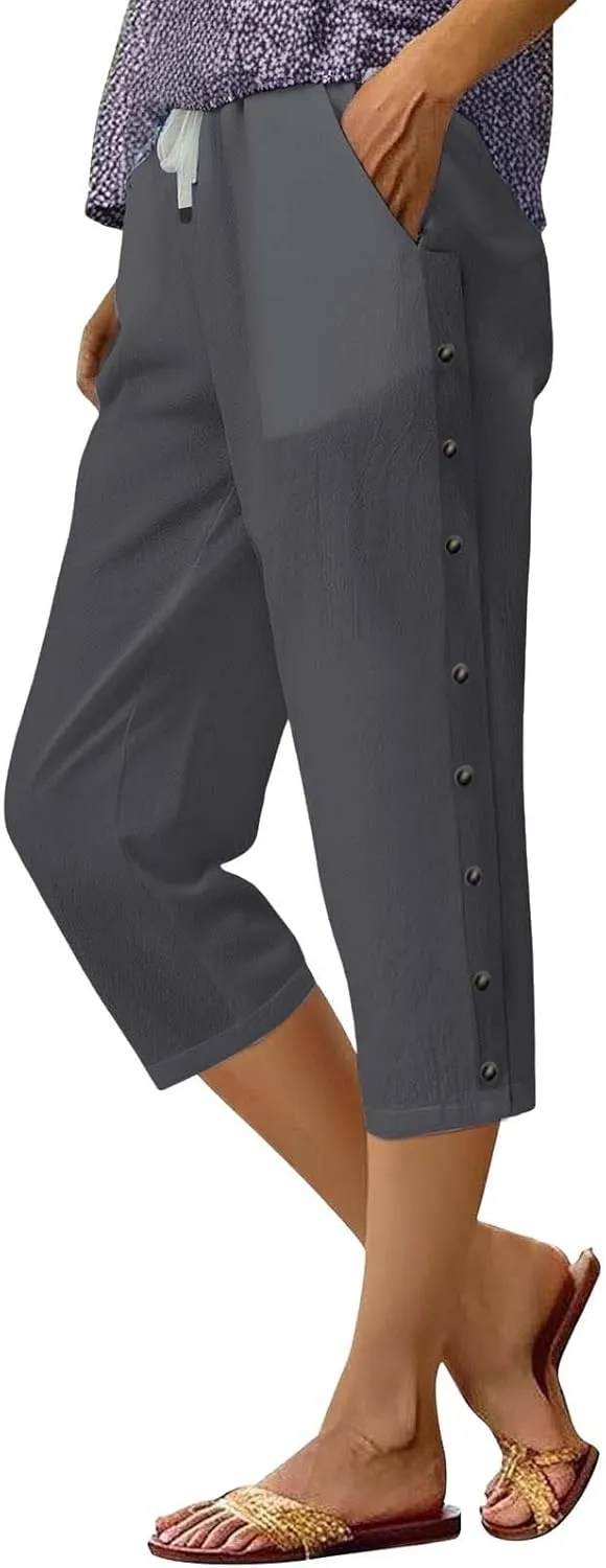 Cotton Linen Pants Women Straight Leg Pant Elastic Drawstring Casual Lounge Trousers with Pockets Summer Beach Capris