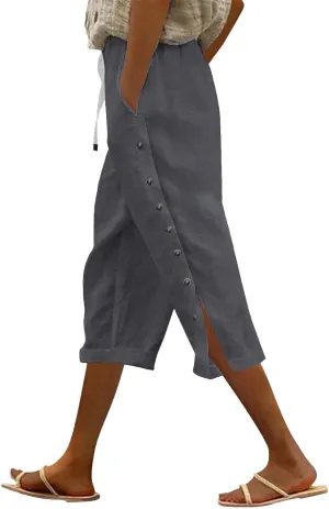 Cotton Linen Pants Women Straight Leg Pant Elastic Drawstring Casual Lounge Trousers with Pockets Summer Beach Capris