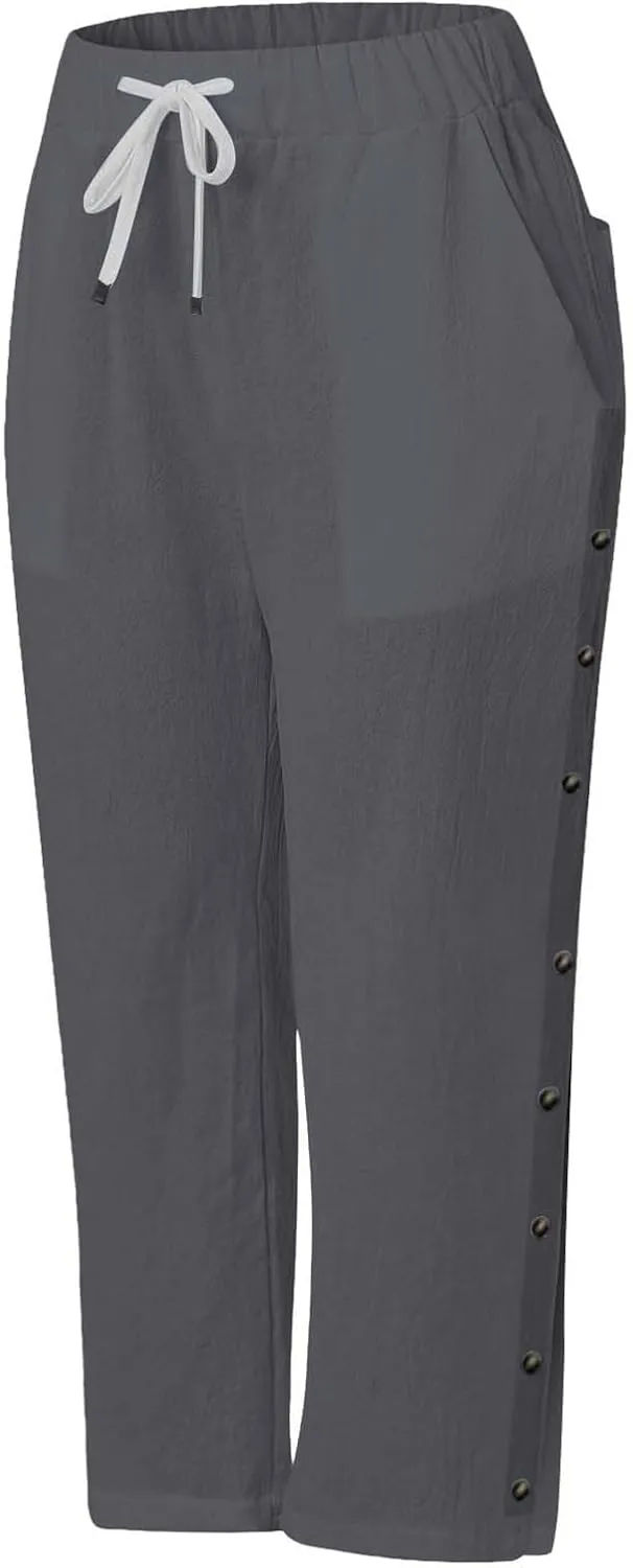 Cotton Linen Pants Women Straight Leg Pant Elastic Drawstring Casual Lounge Trousers with Pockets Summer Beach Capris