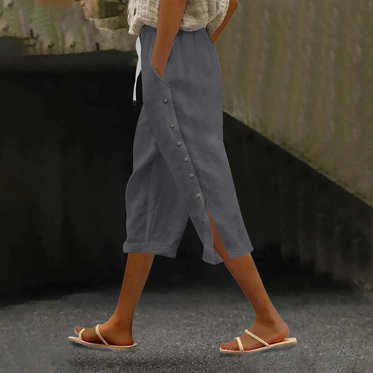 Cotton Linen Pants Women Straight Leg Pant Elastic Drawstring Casual Lounge Trousers with Pockets Summer Beach Capris