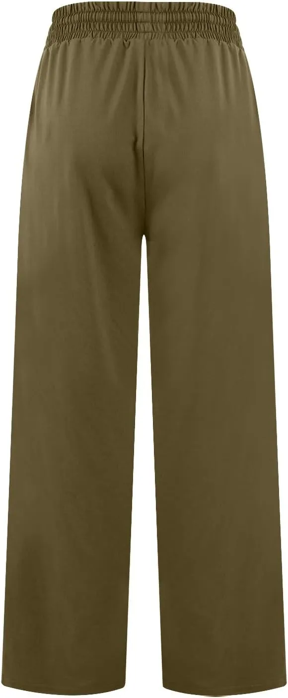 Cotton Linen Parachute Pants for Women Petite, Flowy Pants Wide Leg Summer High Waisted Trousers Cargo