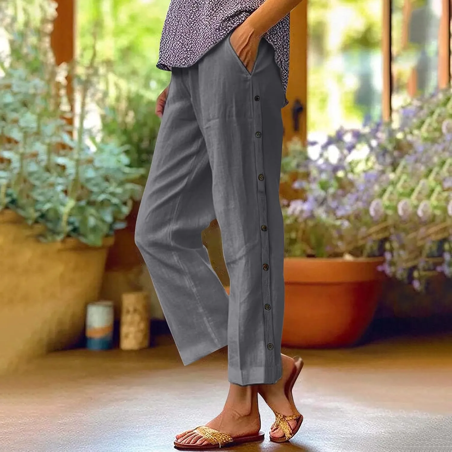 Cotton Linen Trousers for Womens Summer Side Button Straight Leg Pants Casual Baggy Solid Pant with Pocket