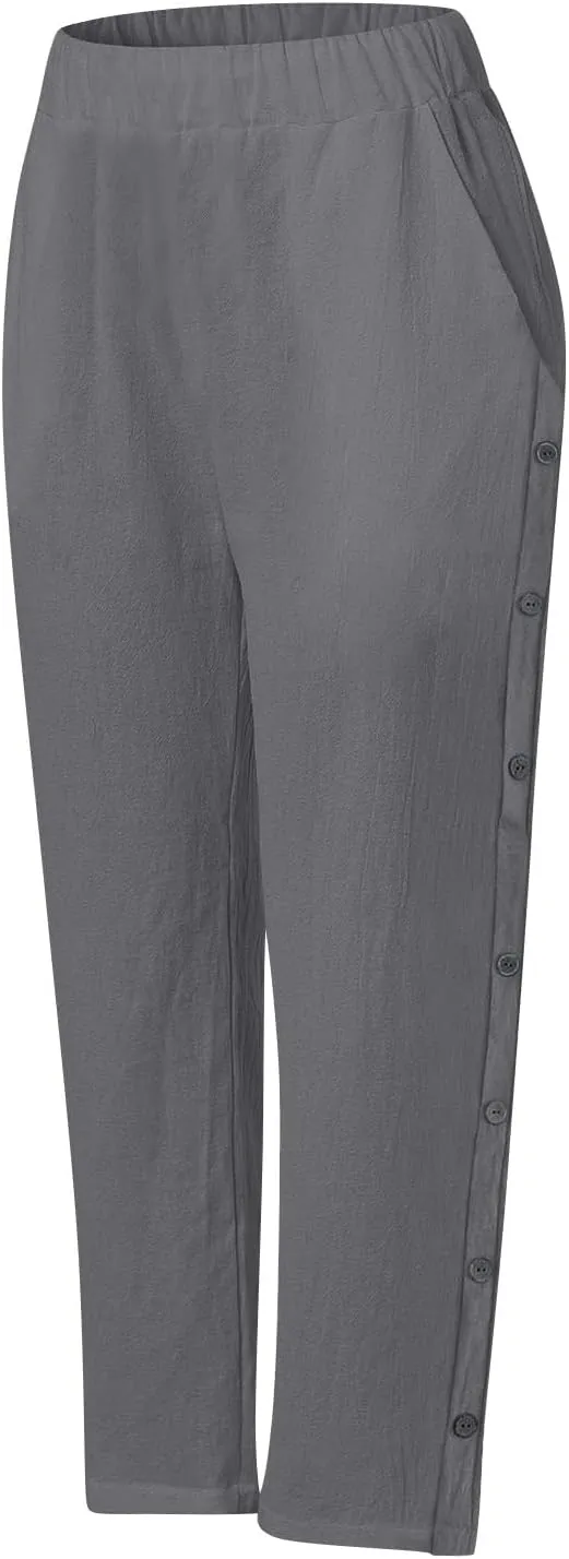 Cotton Linen Trousers for Womens Summer Side Button Straight Leg Pants Casual Baggy Solid Pant with Pocket